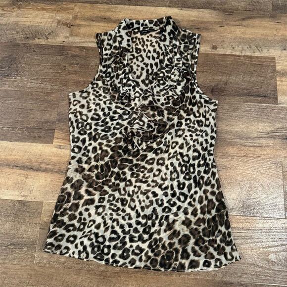 New York & Company Size 8 Black Tan Leopard Animal Print Sheer Sleeveless Blouse - Picture 1 of 6